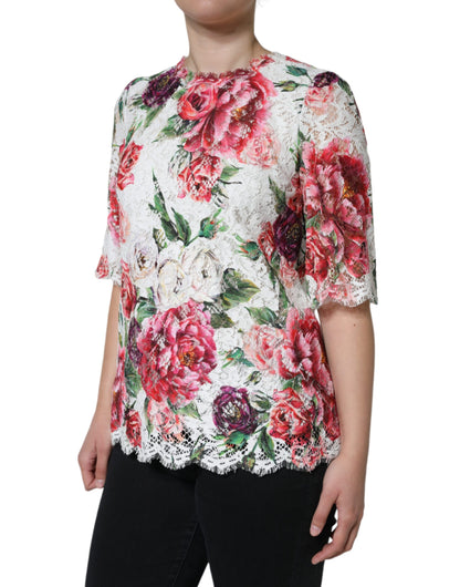 Dolce & Gabbana Blusa a maniche corte con pizzo bianca in cotone e viscosa e poliammide