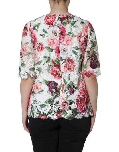 Dolce & Gabbana Blusa a maniche corte con pizzo bianca in cotone e viscosa e poliammide