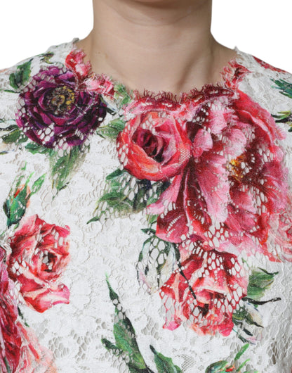 Dolce & Gabbana Blusa a maniche corte con pizzo bianca in cotone e viscosa e poliammide