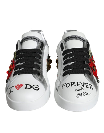 Dolce & Gabbana Weiße Leder-Sneaker mit Blumen-Applikationen und Nieten