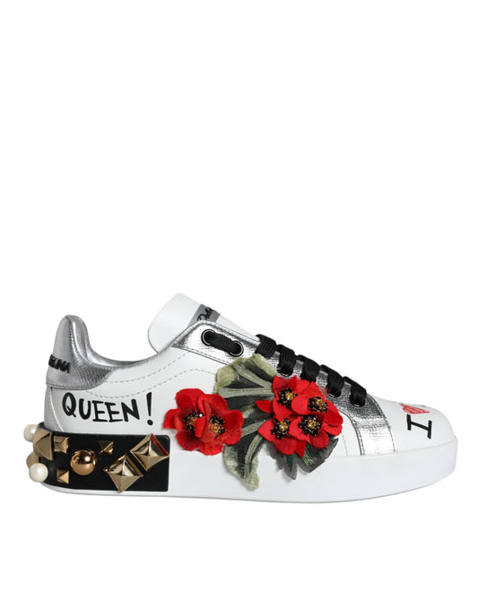 Dolce & Gabbana Sneaker Bianche con Borchie con Motivo Floreale in pelle