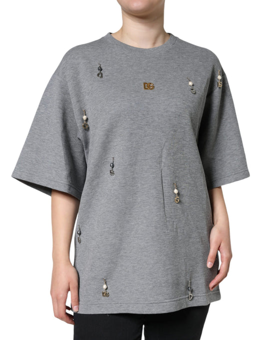 Dolce & Gabbana Graues T-Shirt aus Baumwollmix mit Verzierungen