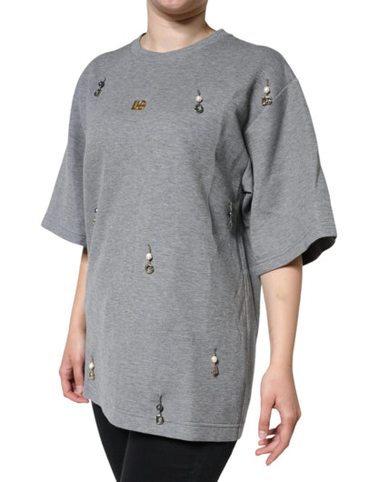 Dolce & Gabbana Graues T-Shirt aus Baumwollmix mit Verzierungen