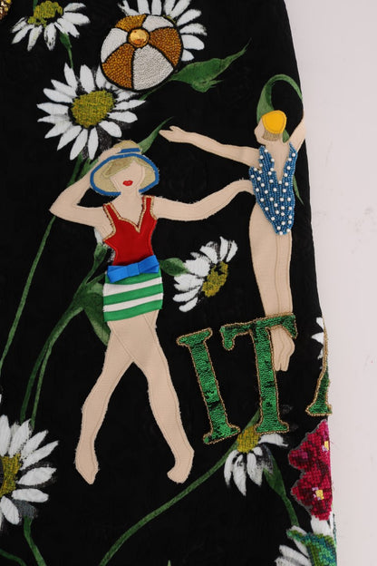 Dolce & Gabbana Schwarzer verzierter Gänseblümchen-Brokat-Rock