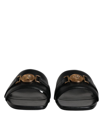 Versace Schwarz Leder Logo Plaque Slip On Slides Flats Schuhe