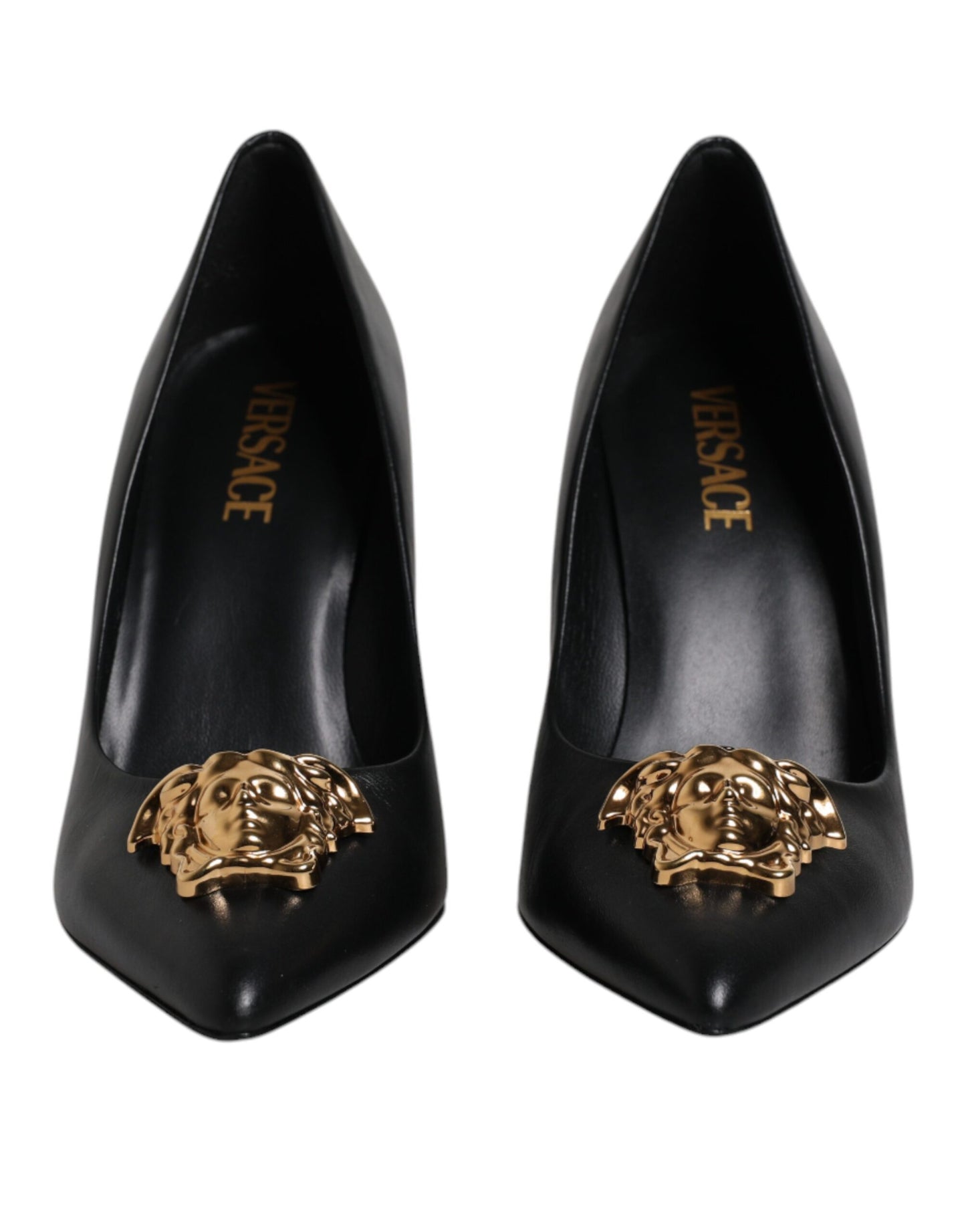 Versace Schwarz Leder Logo Plaque High Heels Pumps Schuhe