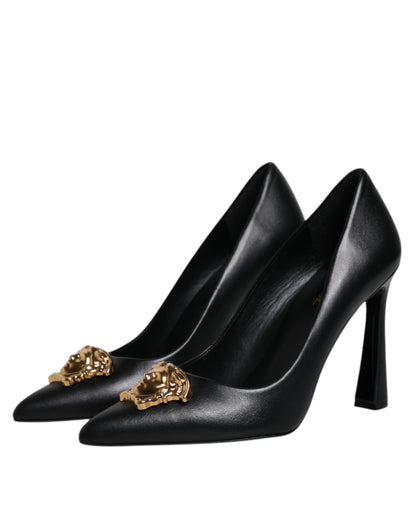 Versace Schwarz Leder Logo Plaque High Heels Pumps Schuhe