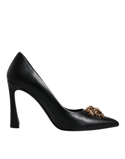 Versace Schwarz Leder Logo Plaque High Heels Pumps Schuhe