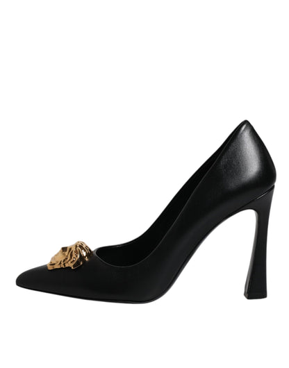 Versace Schwarz Leder Logo Plaque High Heels Pumps Schuhe