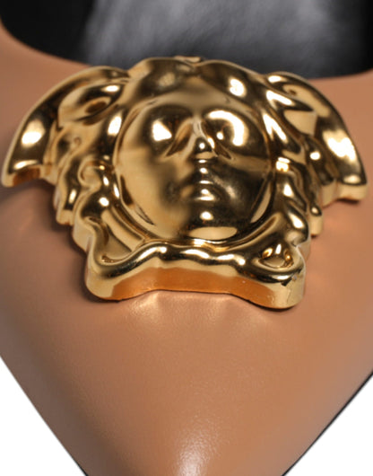 Versace Braun Leder Logo Plaque High Heels Pumps Schuhe