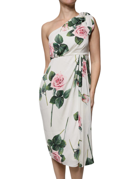 Dolce & Gabbana Abito midi bianco floreale monospalla in seta