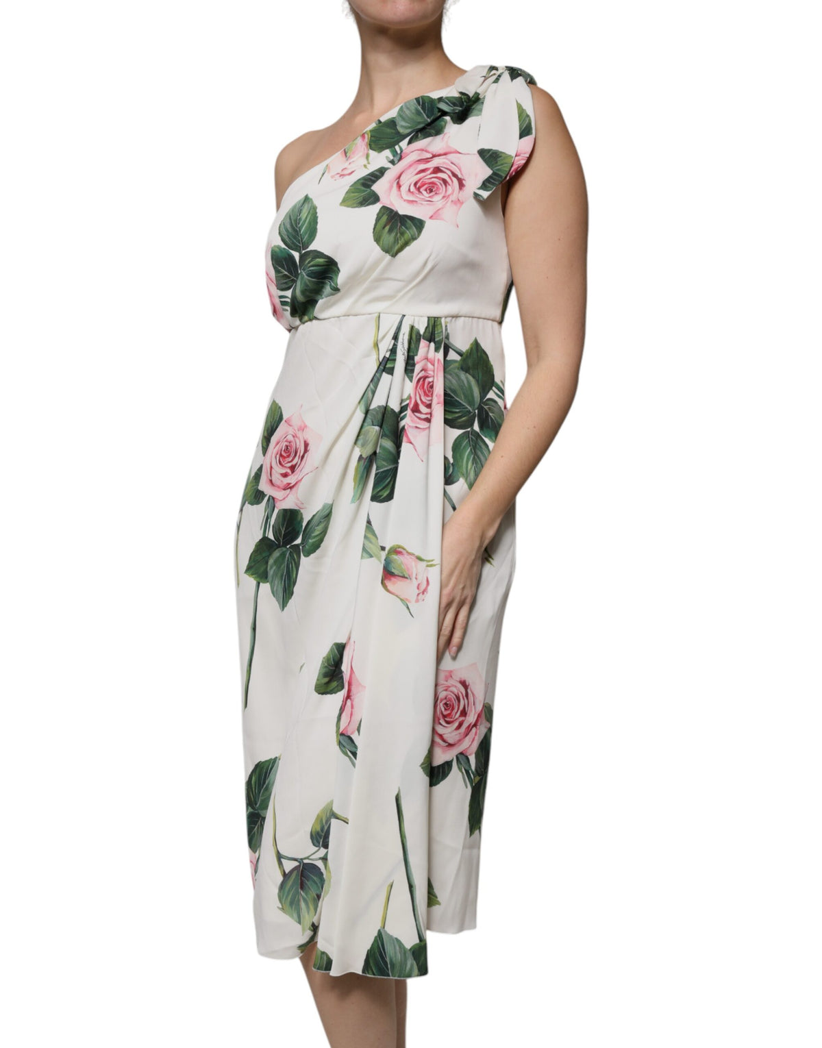 Dolce & Gabbana Abito midi bianco floreale monospalla in seta