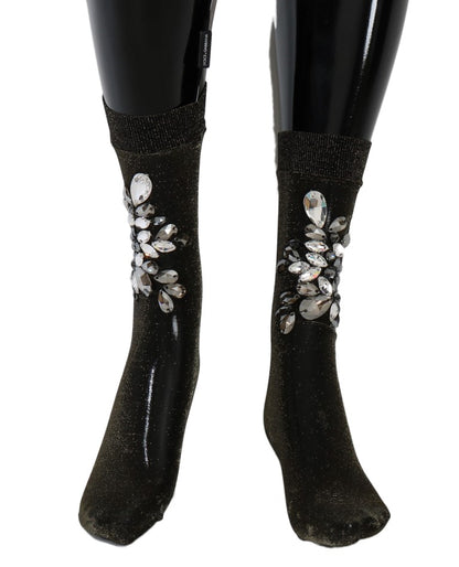 Dolce & Gabbana Schwarze Stretch Floral Socken mit klarem Kristall