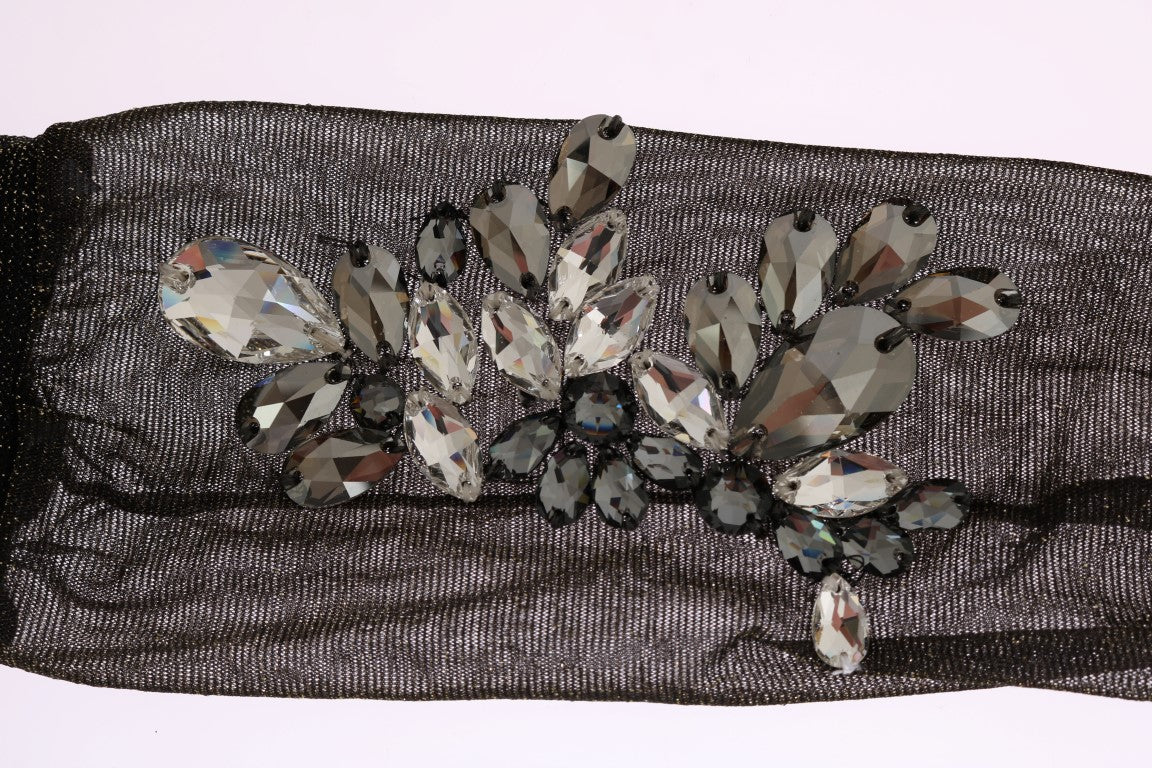 Dolce & Gabbana Schwarze Stretch Floral Socken mit klarem Kristall