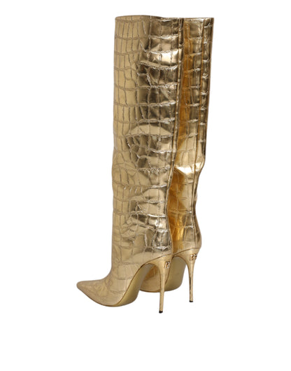 Dolce & Gabbana Gold Leder Stiletto Heels Hohe Stiefel Schuhe
