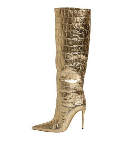 Dolce & Gabbana Gold Leder Stiletto Heels Hohe Stiefel Schuhe