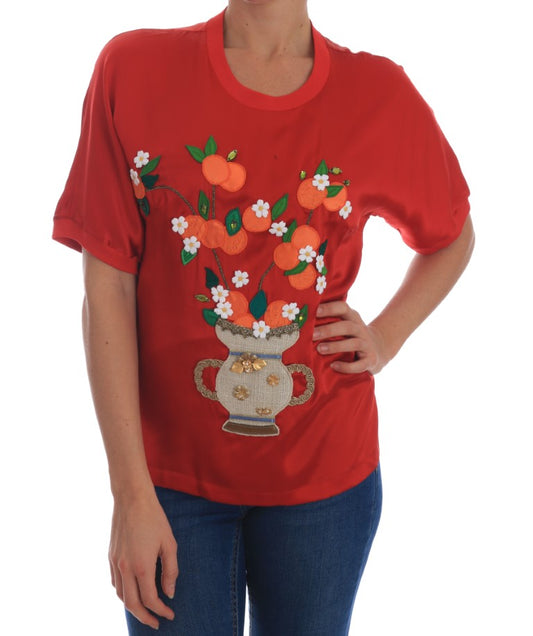 Dolce & Gabbana Rote Seidenbluse mit Orangenblüten und Kristall