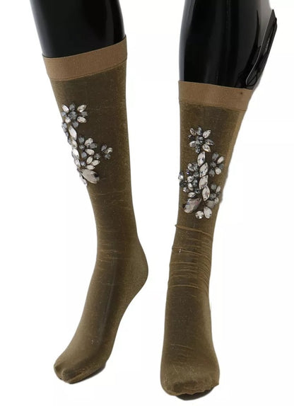 Dolce & Gabbana Calze con motivo floreale con cristalli oro in poliestere e poliammide e fibra elasticizzata