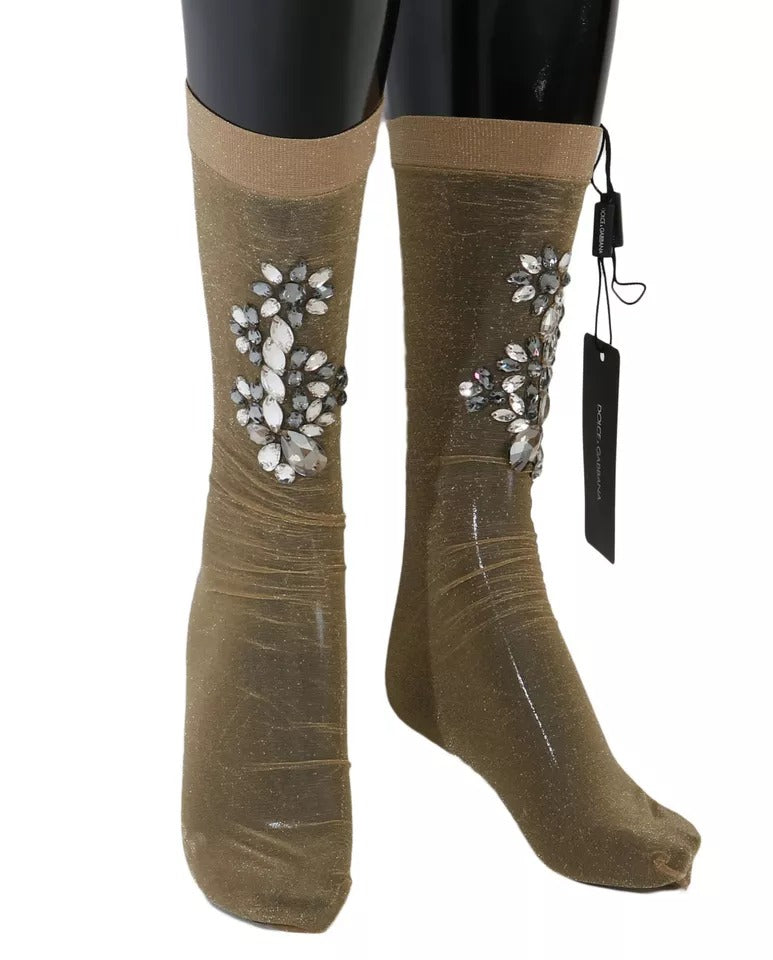 Dolce & Gabbana Calze con motivo floreale con cristalli oro in poliestere e poliammide e fibra elasticizzata