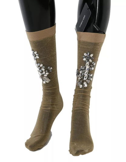 Dolce & Gabbana Calze con motivo floreale con cristalli oro in poliestere e poliammide e fibra elasticizzata