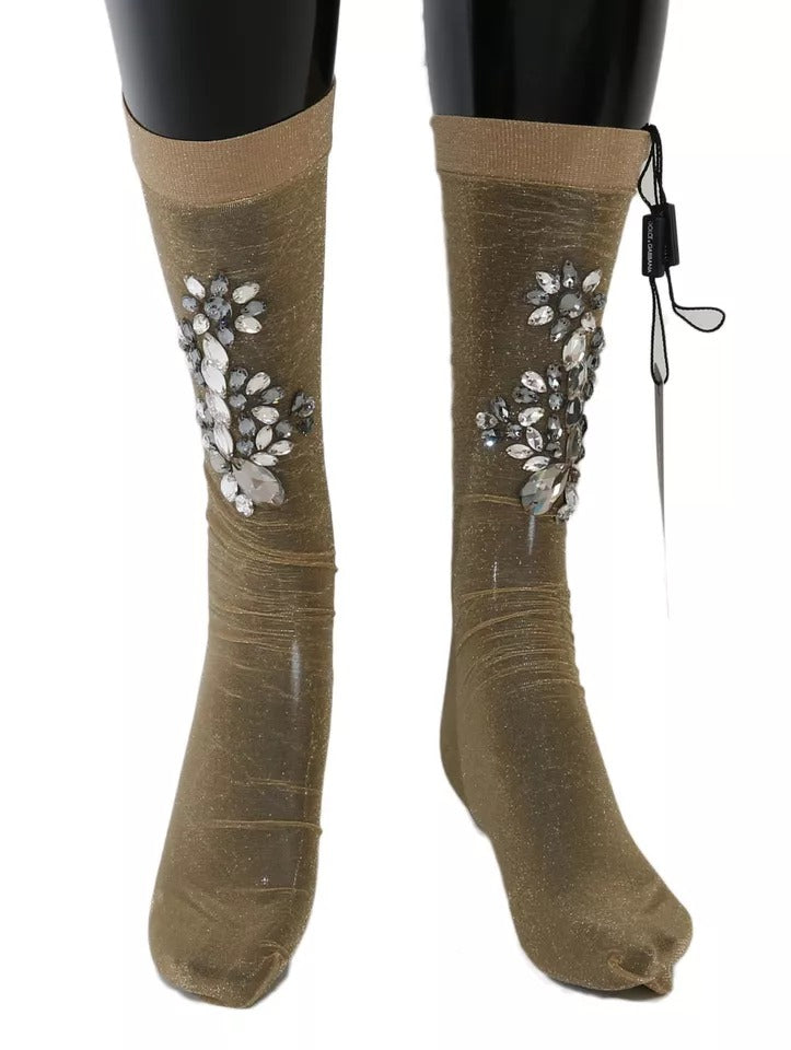 Dolce & Gabbana Calze con motivo floreale con cristalli oro in poliestere e poliammide e fibra elasticizzata
