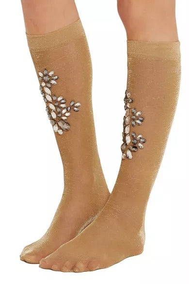 Dolce & Gabbana Calze con motivo floreale con cristalli oro in poliestere e poliammide e fibra elasticizzata