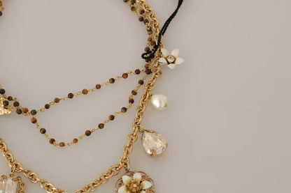 Dolce & Gabbana Gold Messing Kristall Floral Statement Charms Halskette