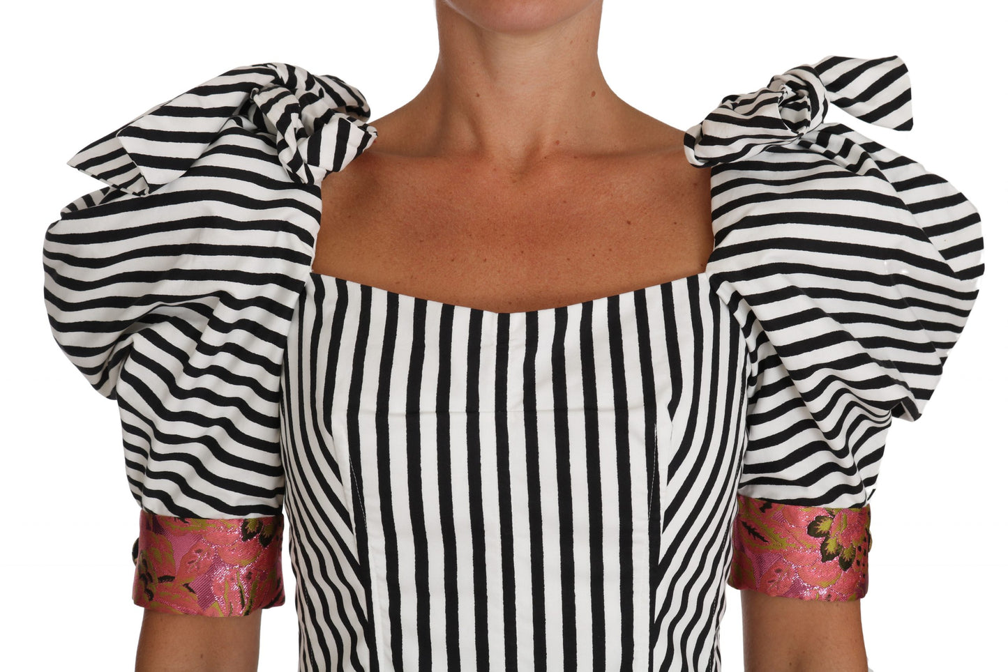 Dolce & Gabbana Weiß Schwarz Gestreiftes Cropped Top Puffärmel Hemden