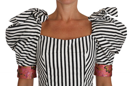 Dolce & Gabbana Weiß Schwarz Gestreiftes Cropped Top Puffärmel Hemden