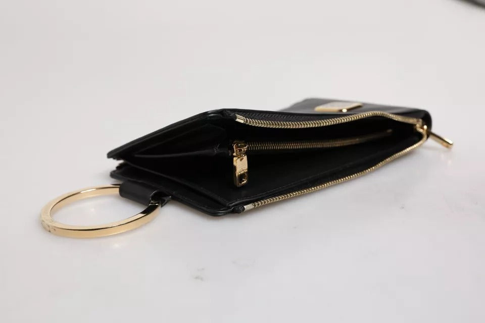 Dolce & Gabbana Schwarzes Leder Logo Plaque Halsband Karte Münze Brieftasche