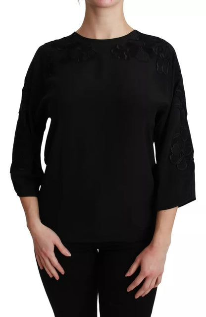Dolce & Gabbana Blusa con motivo floreale ricamato nera in seta