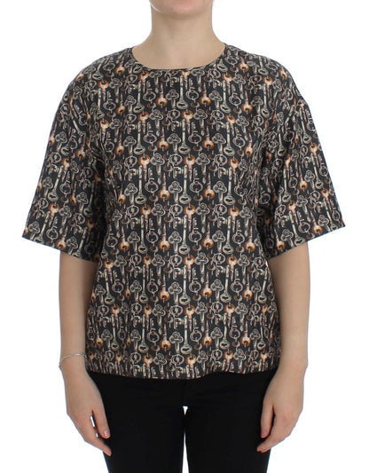 Dolce & Gabbana Graue Seidenbluse mit Goldschlüssel-Druck T-shirt