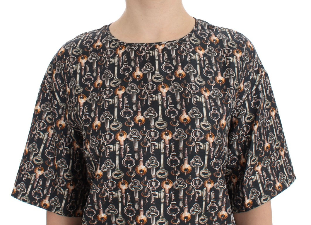 Dolce & Gabbana Graue Seidenbluse mit Goldschlüssel-Druck T-shirt