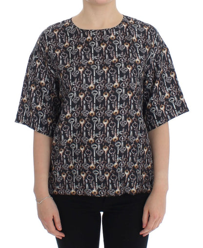 Dolce & Gabbana Graue Seidenbluse mit Goldschlüssel-Druck T-shirt