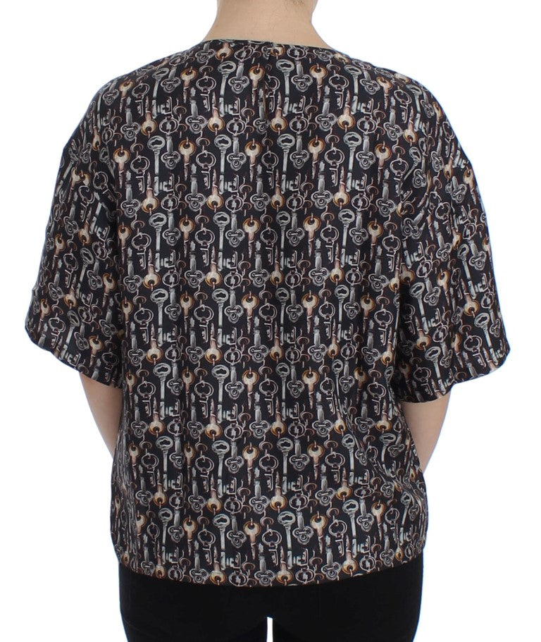 Dolce & Gabbana Graue Seidenbluse mit Goldschlüssel-Druck T-shirt