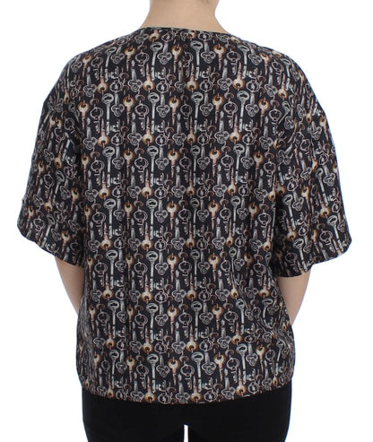 Dolce & Gabbana Graue Seidenbluse mit Goldschlüssel-Druck T-shirt