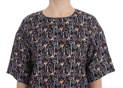 Dolce & Gabbana Graue Seidenbluse mit Goldschlüssel-Druck T-shirt