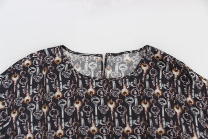 Dolce & Gabbana Graue Seidenbluse mit Goldschlüssel-Druck T-shirt