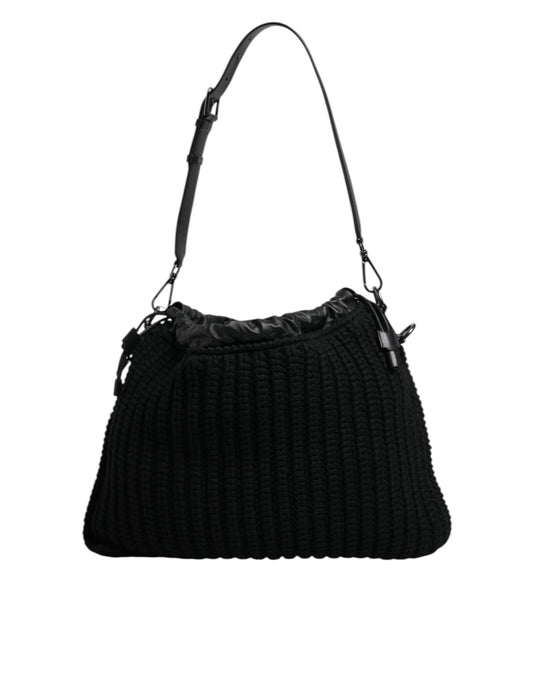 Dolce & Gabbana Schwarze Umhängetasche aus Leder mit Kaschmirstrick