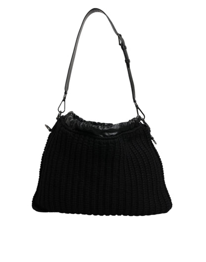 Dolce & Gabbana Schwarze Umhängetasche aus Leder mit Kaschmirstrick