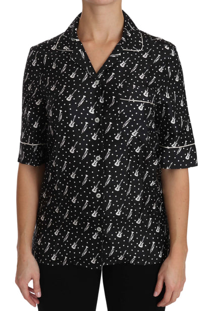 Dolce & Gabbana Schwarzes Seidenhemd mit Gitarren-Trompetendruck