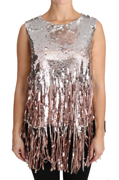 Dolce & Gabbana Goldenes rosa Pailletten-Fransen-Tanktop
