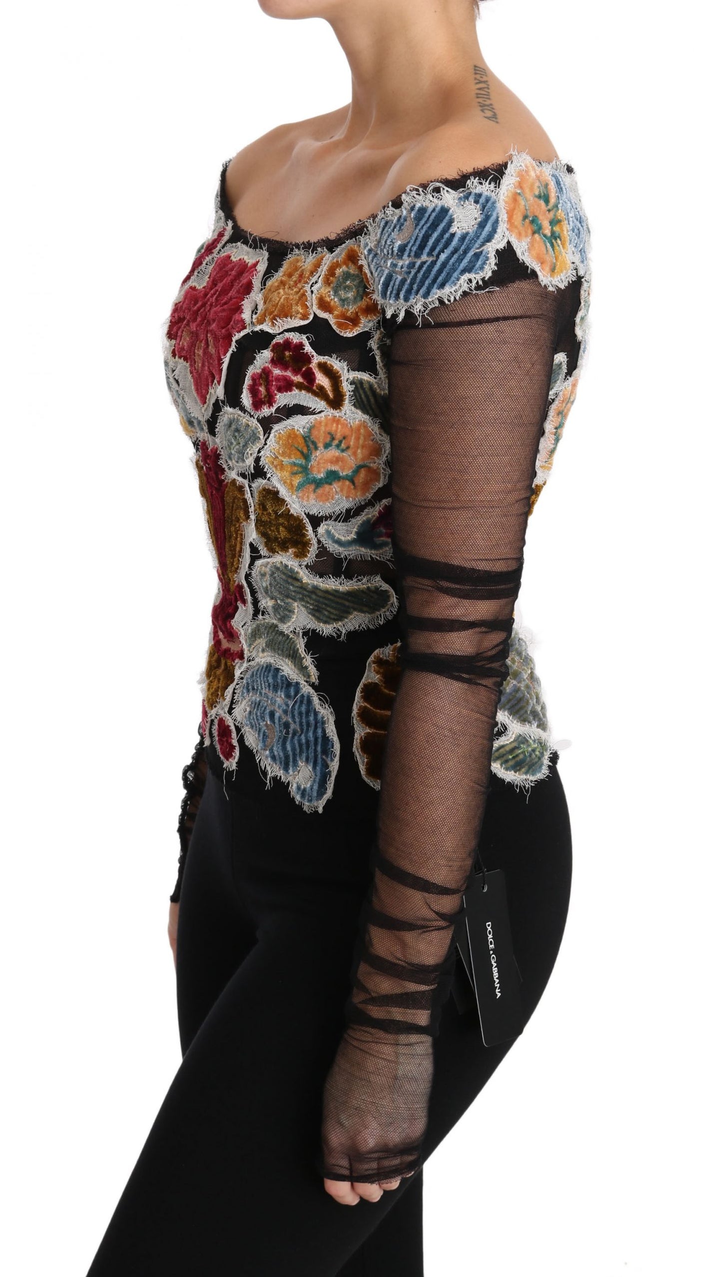 Dolce & Gabbana Schwarzes geblümtes Ricamo-Top T-Shirt Bluse