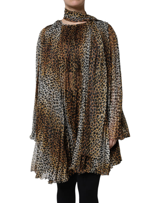 Dolce & Gabbana Braunes Chiffon-Minikleid mit Leopardenprint