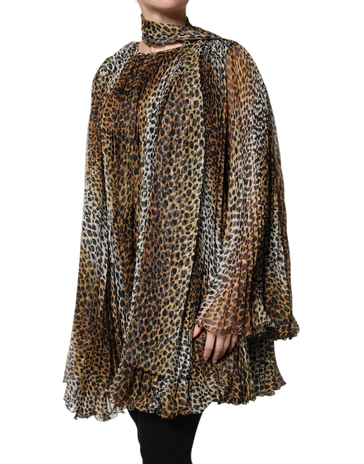 Dolce & Gabbana brown chiffon dress with leopard print and scarf