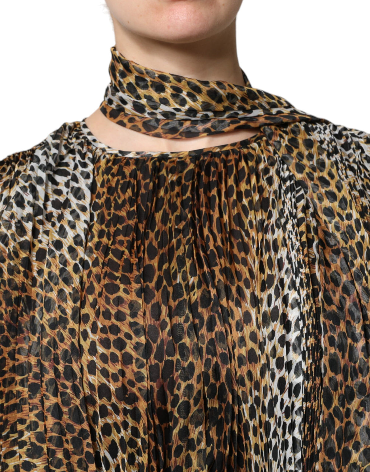 Dolce & Gabbana brown chiffon dress with leopard print and scarf