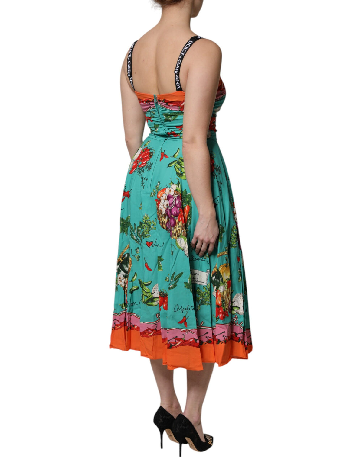 Dolce & Gabbana Mehrfarbiges ärmelloses Seiden-Midikleid mit Gemüseprint