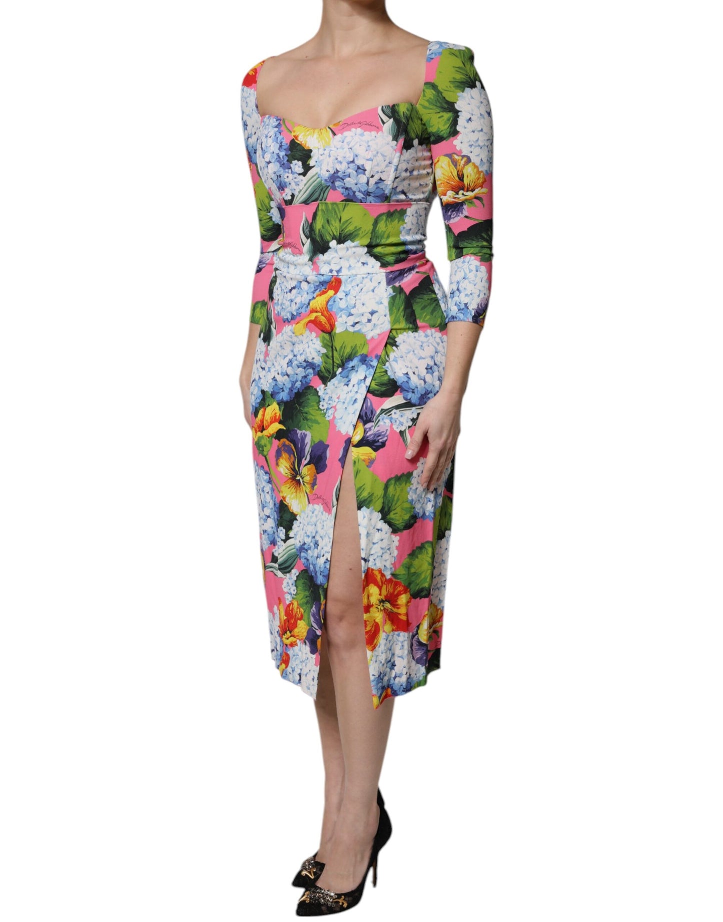 Dolce & Gabbana Multicolor Florales Midikleid mit Seitenschlitz