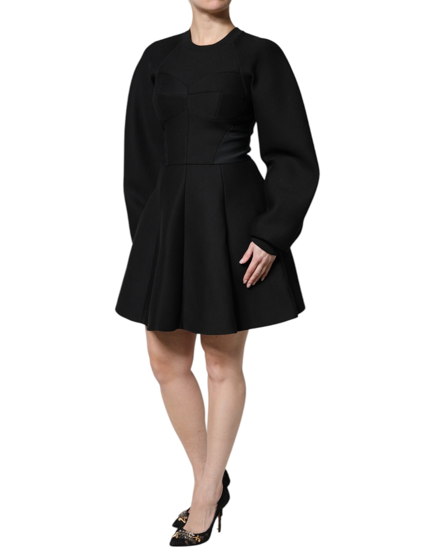 Dolce & Gabbana Schwarzes Baumwoll-Minikleid mit langen Ärmeln und A-Linie