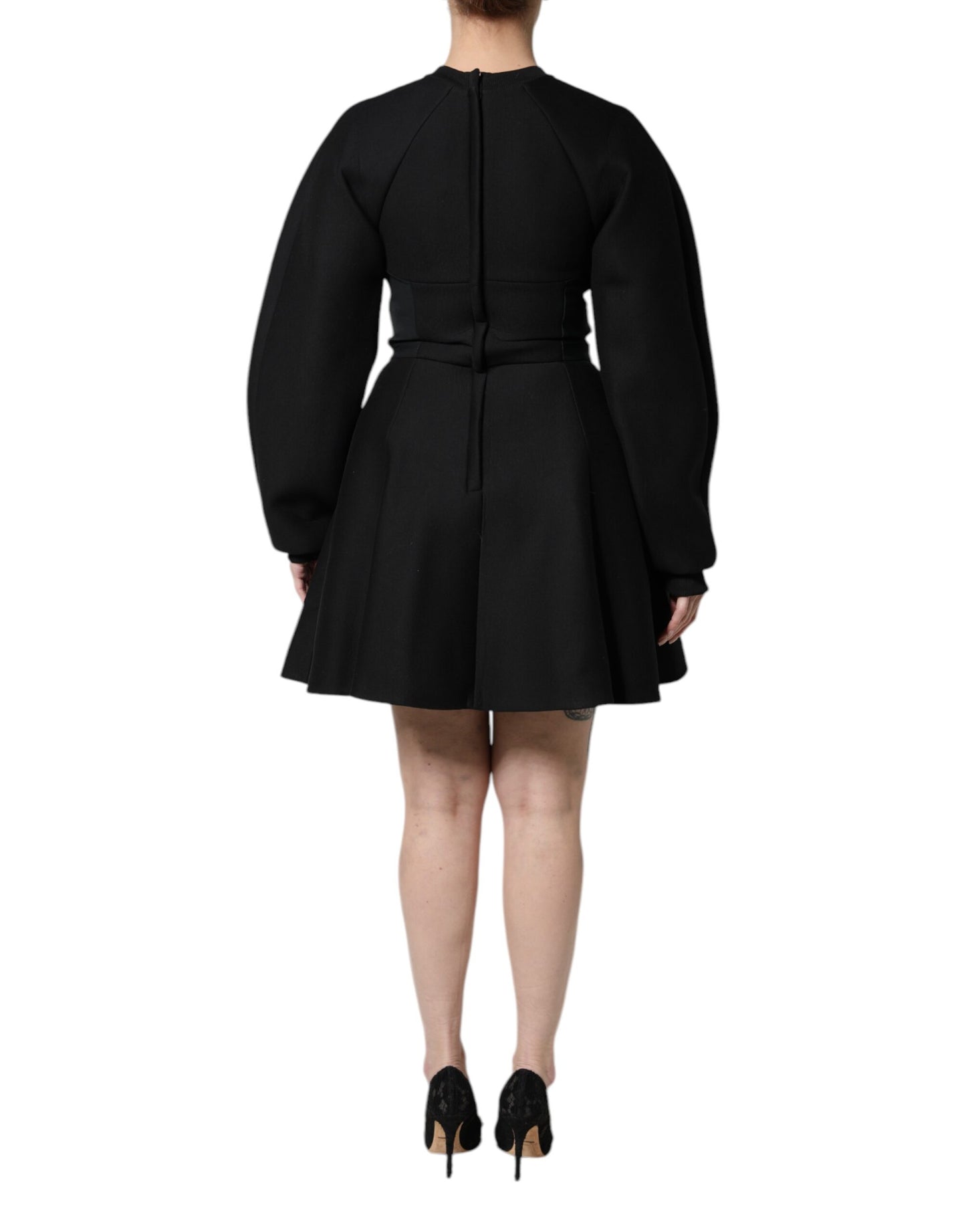 Dolce & Gabbana Schwarzes Baumwoll-Minikleid mit langen Ärmeln und A-Linie